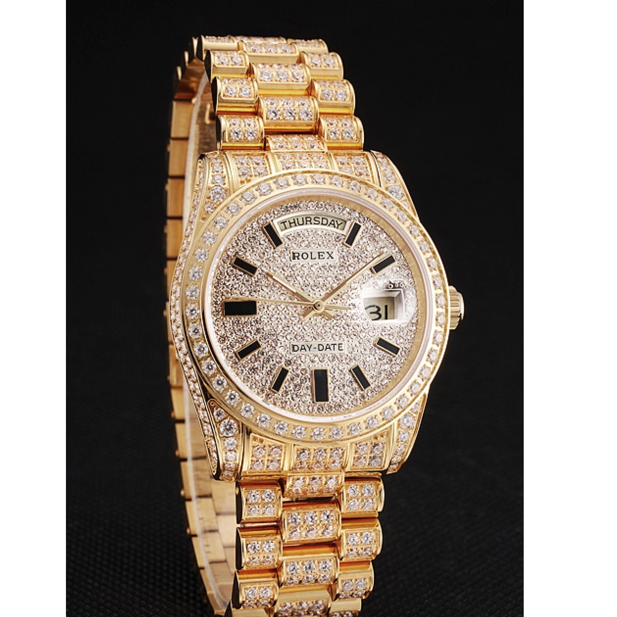 Aaa replica watch Day Gold Full Yellow Date Diamond Swiss Rolex Pave 0526